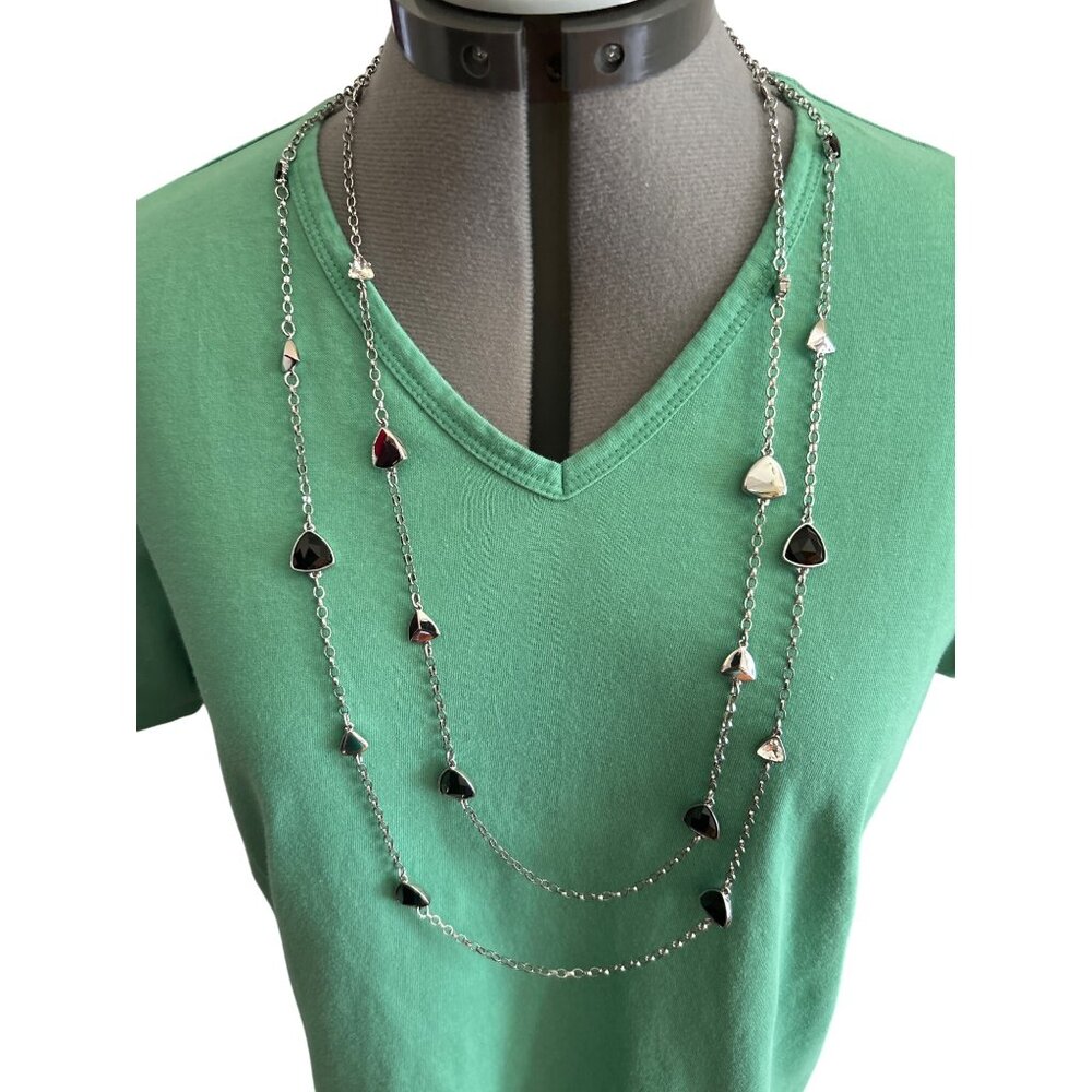 WHBM Silver Tone With Black & Clear Stones Layered Necklace 33" W/ 3" Extender